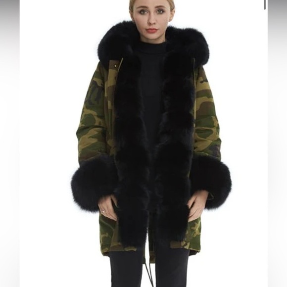 VOLARE New York Camouflage fox fur jacket army green and black size S NWT - Picture 4 of 16